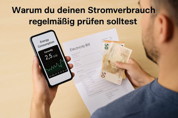 Stromverbrauch prüfen mit Smartphone und Stromrechnung Mann prüft Stromverbrauch auf dem Smartphone neben Stromrechnung und Bargeld