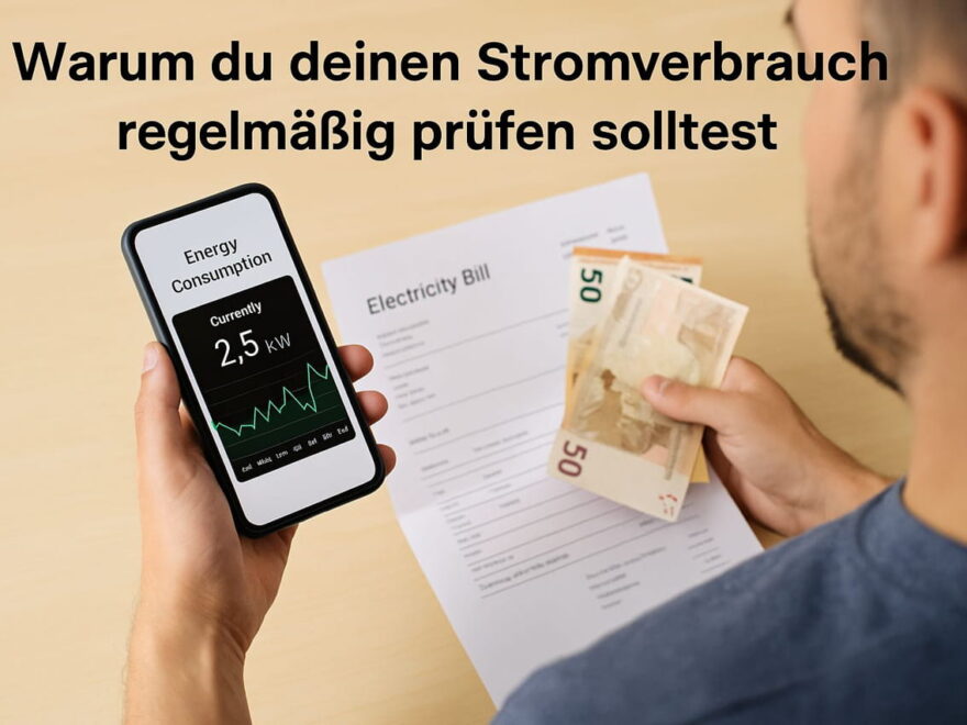 Mann prüft Stromverbrauch auf dem Smartphone neben Stromrechnung und Bargeld