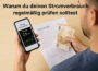 Mann prüft Stromverbrauch auf dem Smartphone neben Stromrechnung und Bargeld