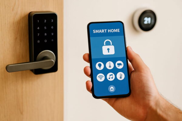 Smartes Türschloss ins Smart Home integrieren und steuern Smartphone steuert smartes Türschloss im Smart-Home-System