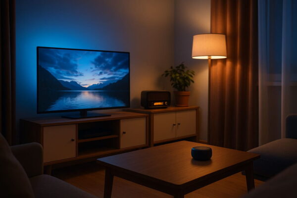 TV und Radio simulieren Anwesenheit im smarten Zuhause Wohnzimmer mit eingeschaltetem Fernseher und Radio als Teil einer realistischen Anwesenheitssimulation mit Geräuschen