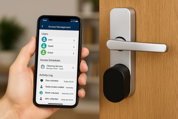 Zugriffsverwaltung per App bei einem smarten Türschloss anzeigen Smartphone zeigt App zur Zugriffsverwaltung für smartes Türschloss