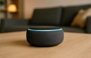 Alexa Lautsprecher im Wohnzimmer auf einem Tisch
