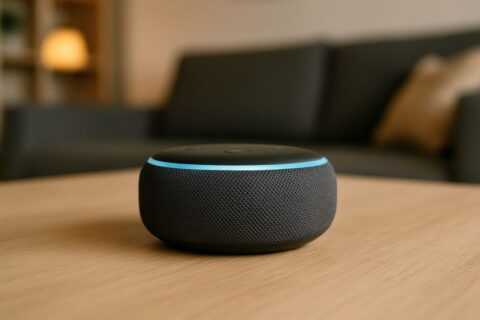 Alexa Lautsprecher im Wohnzimmer auf einem Tisch