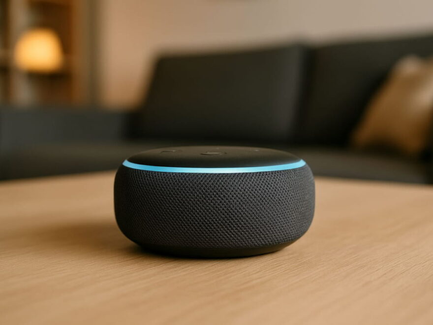 Alexa Lautsprecher im Wohnzimmer auf einem Tisch