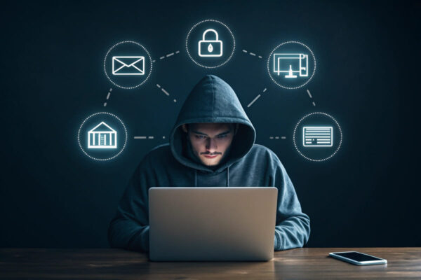 Welche Daten Angreifer bei Man-in-the-Middle-Angriffen stehlen Ziele von Man-in-the-Middle-Angriffen wie Passwörter, Bankdaten und private Kommunikation bildlich dargestellt