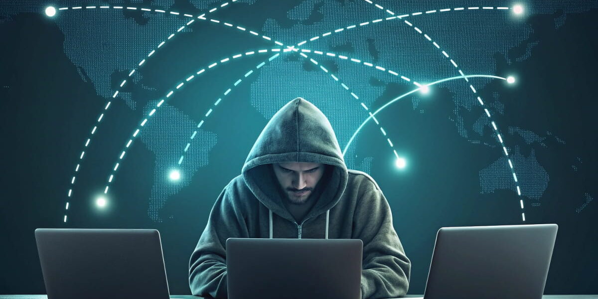 Visualisierung eines typischen Szenarios bei Man-in-the-Middle-Angriffen im digitalen Netzwerkverkehr