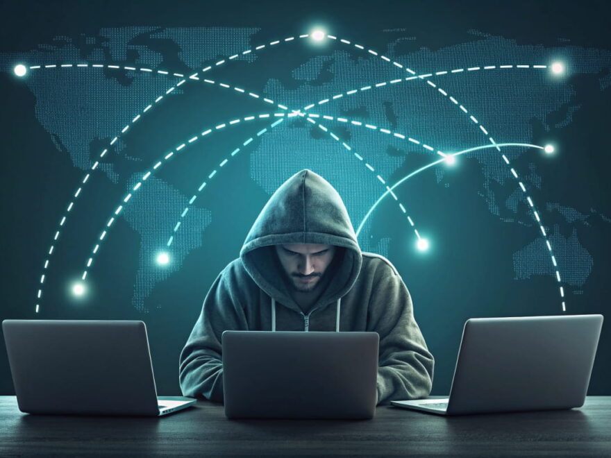 Visualisierung eines typischen Szenarios bei Man-in-the-Middle-Angriffen im digitalen Netzwerkverkehr