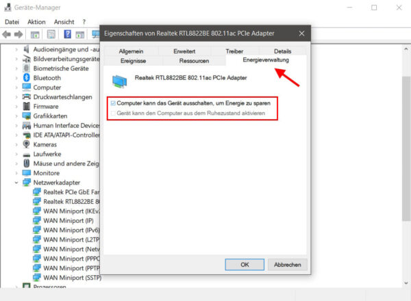 Energieverwaltung für Netzwerkadapter im Windows Geräte-Manager