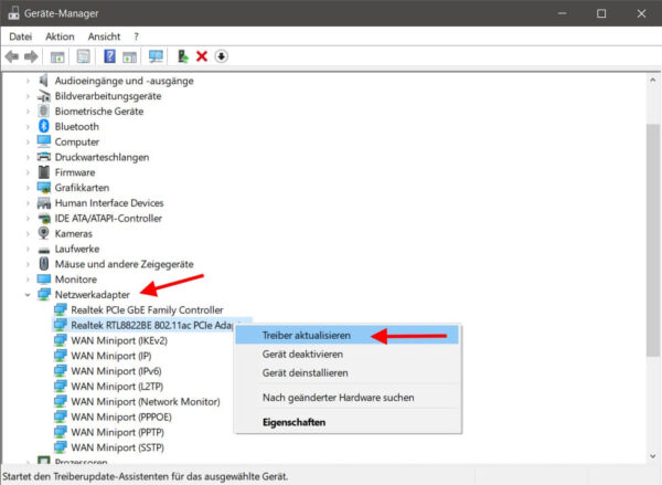Windows Geräte-Manager mit ausgewähltem Netzwerkadapter zum Treiber aktualisieren