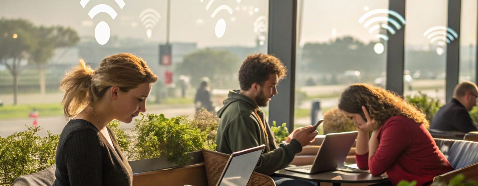 Menschen nutzen öffentliche WLANs in Café, Flughafen und Park