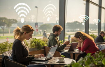 Menschen nutzen öffentliche WLANs in Café, Flughafen und Park