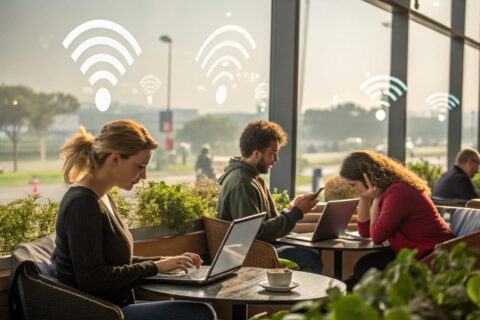 Menschen nutzen öffentliche WLANs in Café, Flughafen und Park