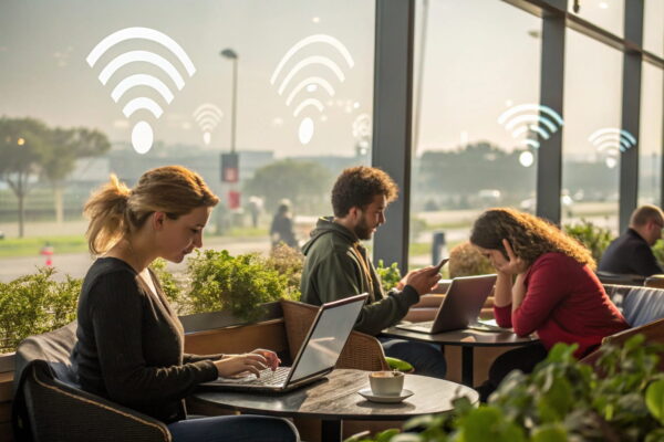 Öffentliche WLANs im Alltag: Nutzung an typischen Orten Menschen nutzen öffentliche WLANs in Café, Flughafen und Park
