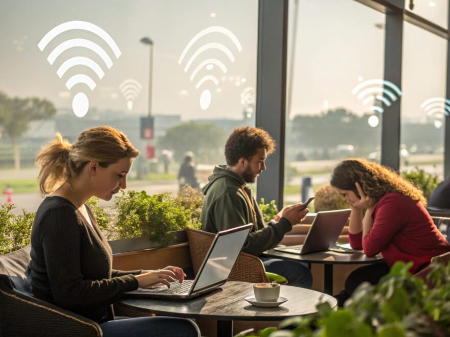 Menschen nutzen öffentliche WLANs in Café, Flughafen und Park