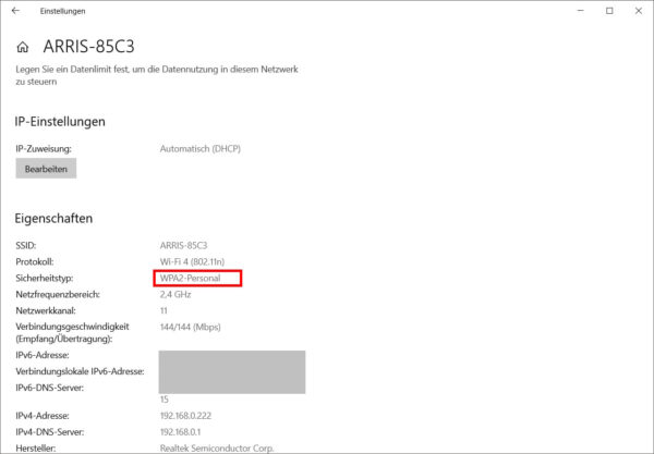 So findest du deinen aktuellen WLAN-Verschlüsselungsstandard heraus Windows zeigt den aktuell verwendeten WLAN-Verschlüsselungsstandard WPA2-Personal im Einstellungsmenü an