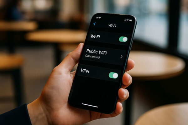 Öffentliche WLANs sicher auf dem Smartphone nutzen Smartphone mit aktivierter VPN-Verbindung in öffentlichem WLAN