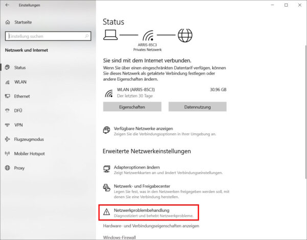 Windows-Netzwerkproblembehandlung im Bereich Netzwerk und Internet