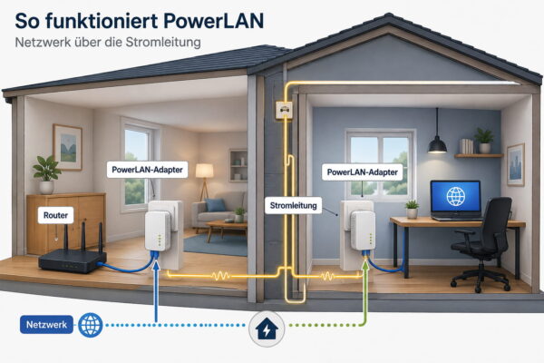 So funktioniert PowerLAN im Haus über die Stromleitung zwischen Router und PowerLAN-Adaptern