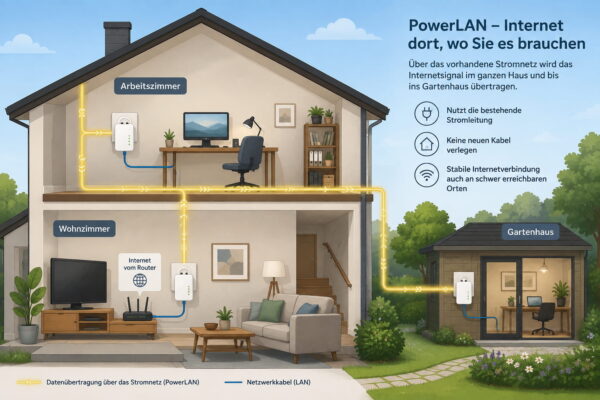 PowerLAN überträgt Internet über das Stromnetz vom Wohnbereich bis ins Gartenhaus