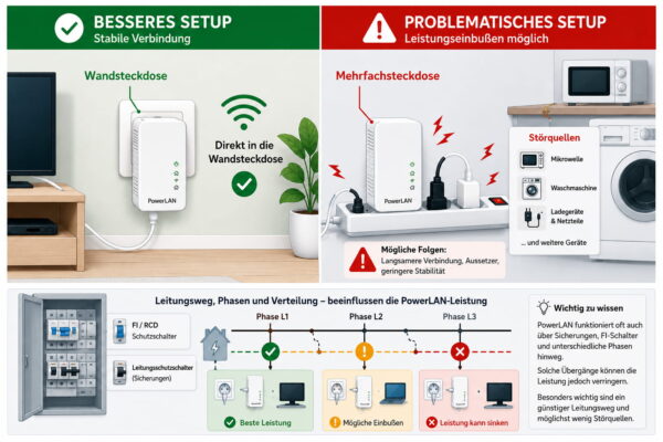 PowerLAN richtig anschließen: direkt an die Wandsteckdose statt an eine Mehrfachsteckdose