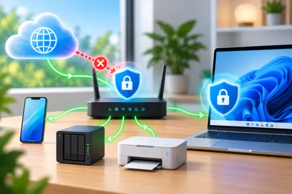Firewall im Heimnetzwerk mit Router und Windows 11-PC als zwei Schutzebenen gegen unerwünschte Netzwerkzugriffe