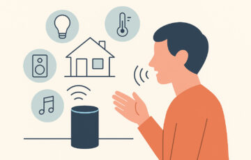 Sprachassistenten im Smart Home erklärt mit Symbolen für Sprachsteuerung und vernetzte Geräte