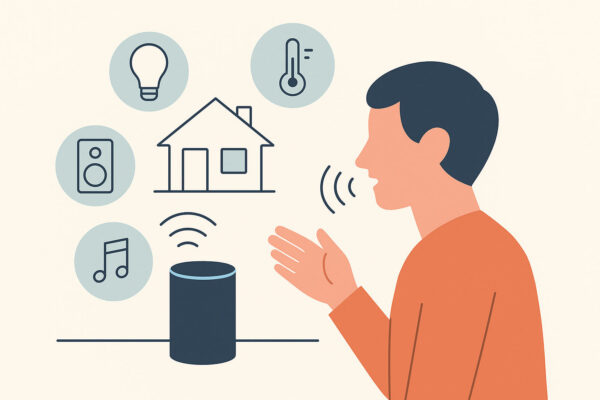 Sprachassistenten im Smart Home erklärt mit Symbolen für Sprachsteuerung und vernetzte Geräte