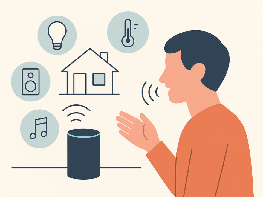 Sprachassistenten im Smart Home erklärt mit Symbolen für Sprachsteuerung und vernetzte Geräte