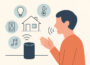 Sprachassistenten im Smart Home erklärt mit Symbolen für Sprachsteuerung und vernetzte Geräte