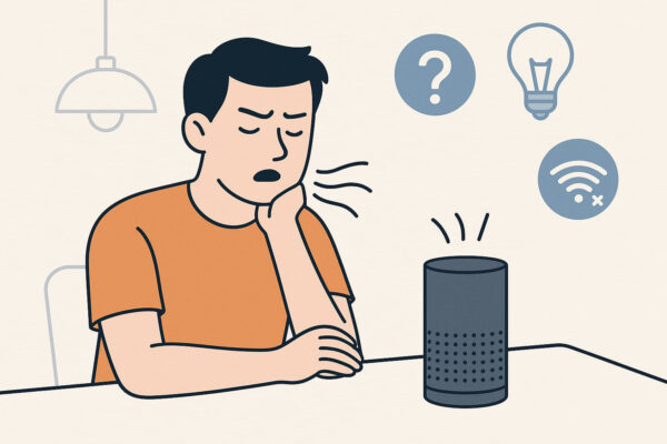 Sprachassistenten mit typischen Problemen wie fehlender WLAN-Verbindung und Missverständnissen bei Sprachbefehlen