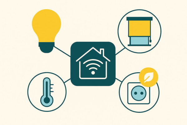 Hausautomatisierung für Komfort und Energieeinsparung im Alltag Illustration zeigt, wie Hausautomatisierung im Alltag Komfort und Energieeinsparung durch Licht-, Heizungs- und Rollladensteuerung ermöglicht.
