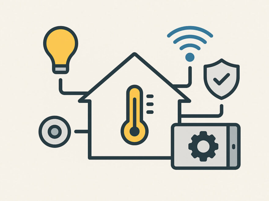 Illustration zeigt, wie Hausautomatisierung durch vernetzte Geräte und zentrale Steuerung im Smart Home funktioniert.