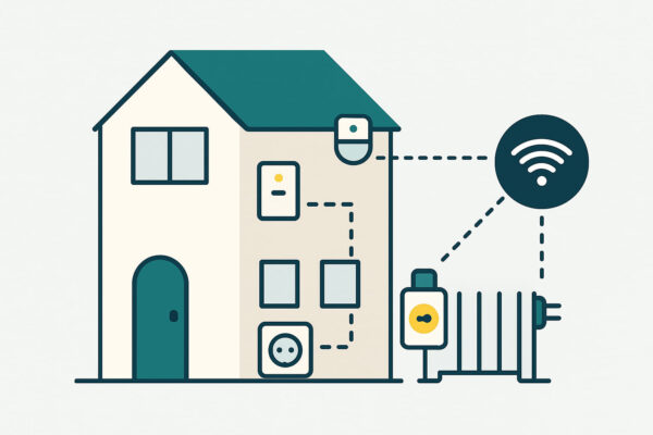 Hausautomatisierung nachrüsten: Smarte Lösungen für Altbau und Bestandsgebäude Illustration zeigt, wie Hausautomatisierung in bestehenden Gebäuden durch smarte Steckdosen, Thermostate und Sensoren nachgerüstet wird.