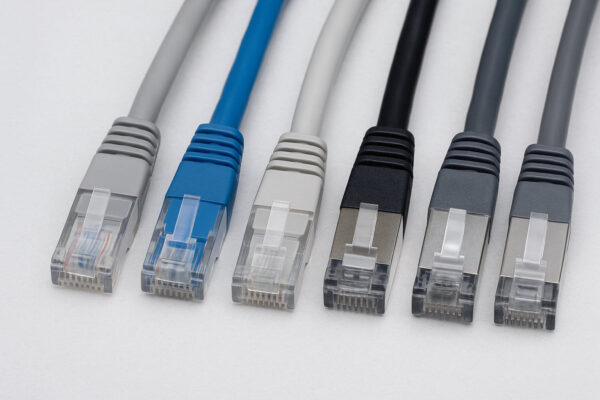 Verschiedene Netzwerkkabel von Cat5e bis Cat8 nebeneinander im Vergleich