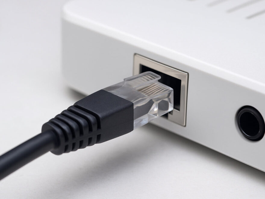 netzwerkkabel verwendung Netzwerkkabel mit RJ45-Stecker wird in einen Router eingesteckt