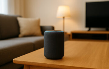 Smart Home Lautsprecher auf einem Tisch erklärt die Funktionsweise eines vernetzten Lautsprechers im modernen Wohnzimmer