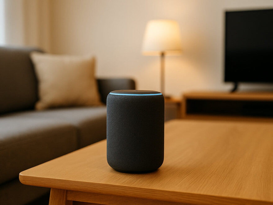 smart home lautsprecher funktion Smart Home Lautsprecher auf einem Tisch erklärt die Funktionsweise eines vernetzten Lautsprechers im modernen Wohnzimmer