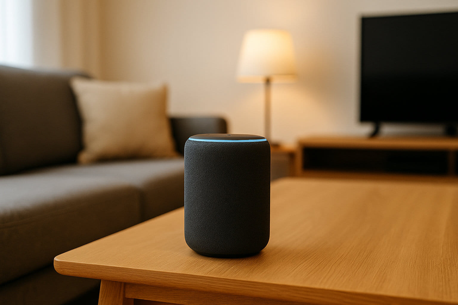 Smart Home Lautsprecher auf einem Tisch erklärt die Funktionsweise eines vernetzten Lautsprechers im modernen Wohnzimmer