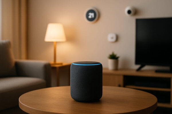 Smart Home Lautsprecher als zentrale Steuerzentrale im Zuhause Smart Home Lautsprecher dient als zentrale Steuerung für vernetzte Geräte im modernen Wohnzimmer