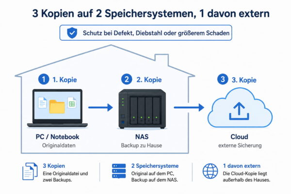 3-2-1-Backup-Regel mit PC, NAS und externer Cloud-Sicherung