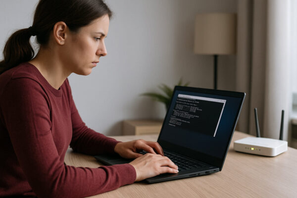 Erweiterte Fehlerbehebung durchführen, um Routerprobleme beheben zu können – Nutzer prüft DNS und IP-Einstellungen am Laptop