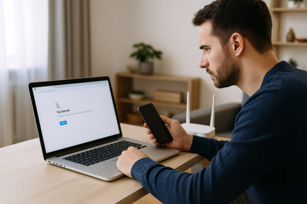 Internetverbindung prüfen, um Routerprobleme zu erkennen – Nutzer testet die Verbindung mit Laptop und Router