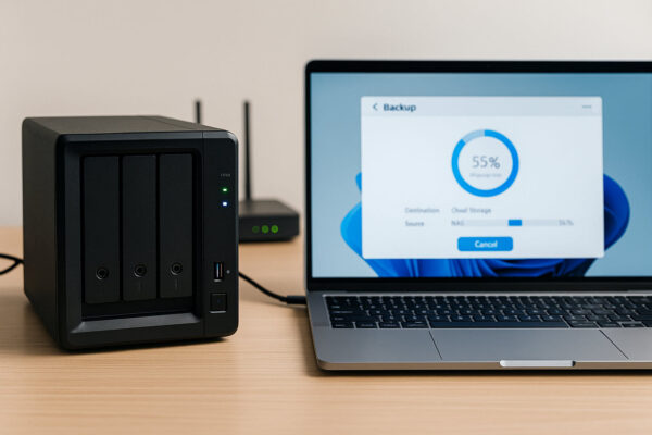 Best Practices für ein sicheres Cloud-Backup mit NAS NAS und Laptop mit Backup-Statusanzeige – Best Practices für zuverlässige Cloud-Backups
