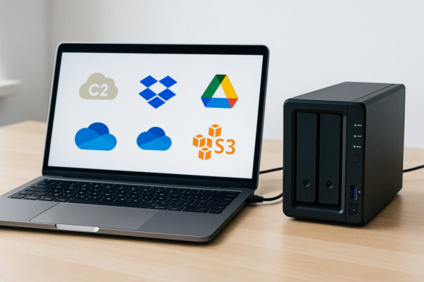Beliebte Cloud-Dienste für NAS-Backups im Überblick NAS mit Laptop und Symbolen beliebter Cloud-Dienste für Backup-Vergleich