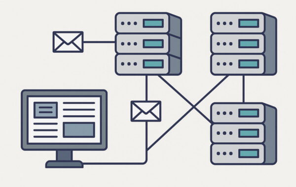 Illustration zeigt vernetzte Server und einen Client als Darstellung der NNTP-Grundidee.