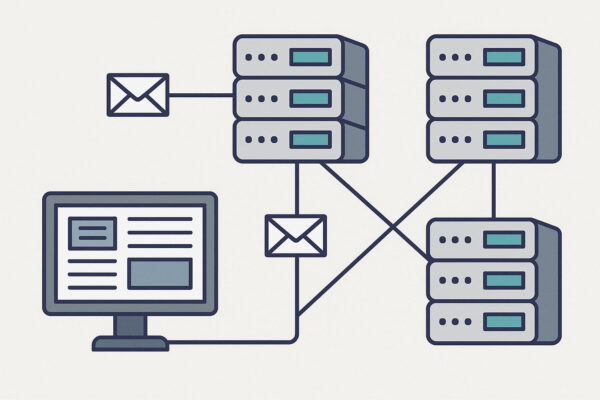 Illustration zeigt vernetzte Server und einen Client als Darstellung der NNTP-Grundidee.