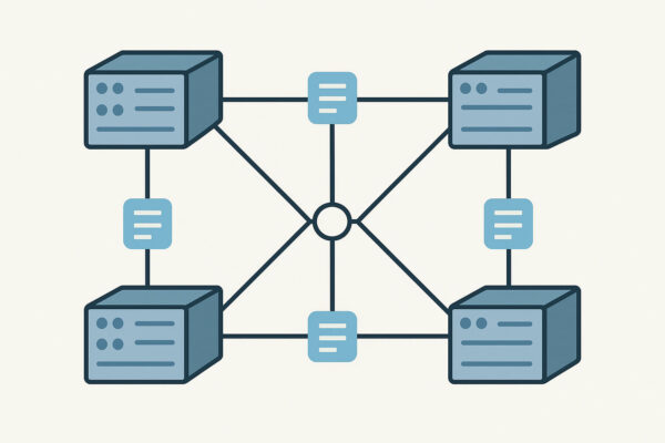 Illustration zeigt ein dezentrales Servernetzwerk zur Darstellung der Vorteile von NNTP.
