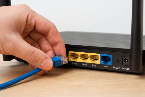 Hand steckt ein blaues Patchkabel in den LAN-Port eines Routers ein