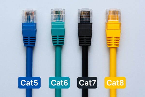 Vier Netzwerkkabel der Kategorien Cat5, Cat6, Cat7 und Cat8 nebeneinander auf hellem Hintergrund